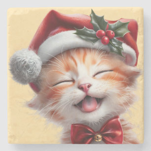 Cute Christmas Cat with Santa Hat and Bow Tie Stone Coaster