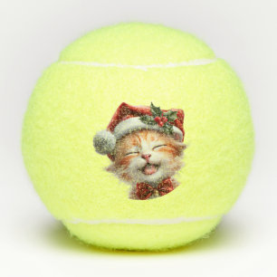 Cute Christmas Cat with Santa Hat and Bow Tie Tennis Balls