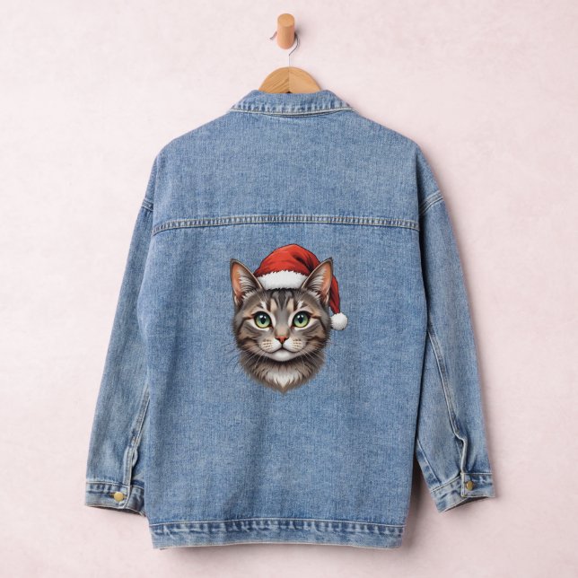 Cute Christmas Cat with Santa Hat Denim Jacket (Hangar)