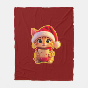 **Cute Christmas Cat with Santa Hat – Funny Holida Fleece Blanket