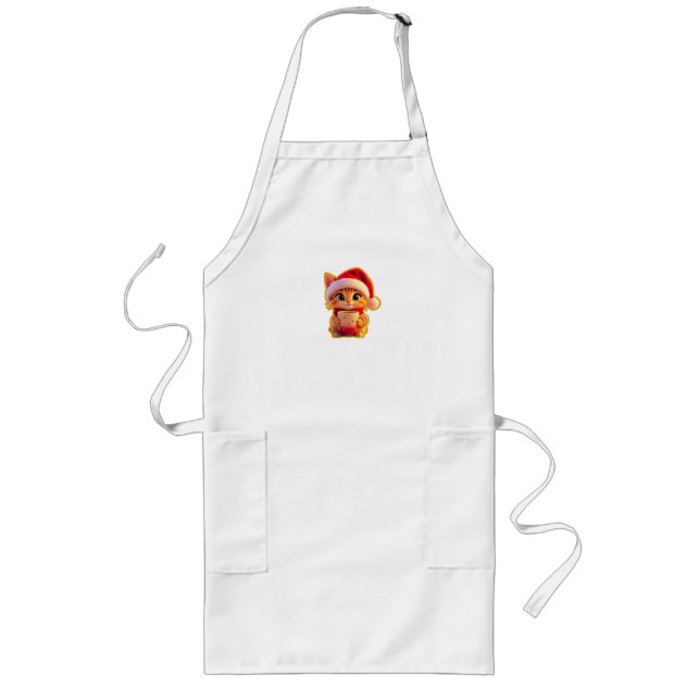 **Cute Christmas Cat with Santa Hat – Funny Holida Long Apron (Front)