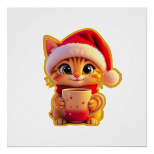 **Cute Christmas Cat with Santa Hat – Funny Holida Poster