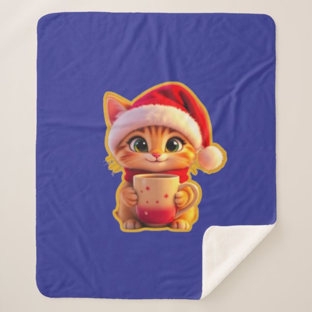 **Cute Christmas Cat with Santa Hat – Funny Holida Sherpa Blanket (Front)
