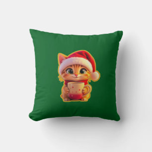 **Cute Christmas Cat with Santa Hat – Funny Holida Throw Pillow