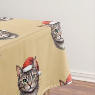 Cute Christmas Cat with Santa Hat Tablecloth