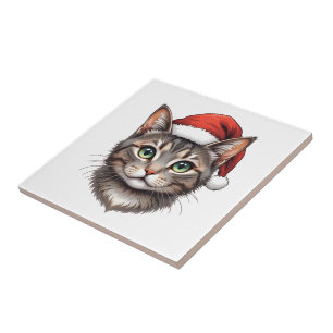 Cute Christmas Cat with Santa Hat Tile