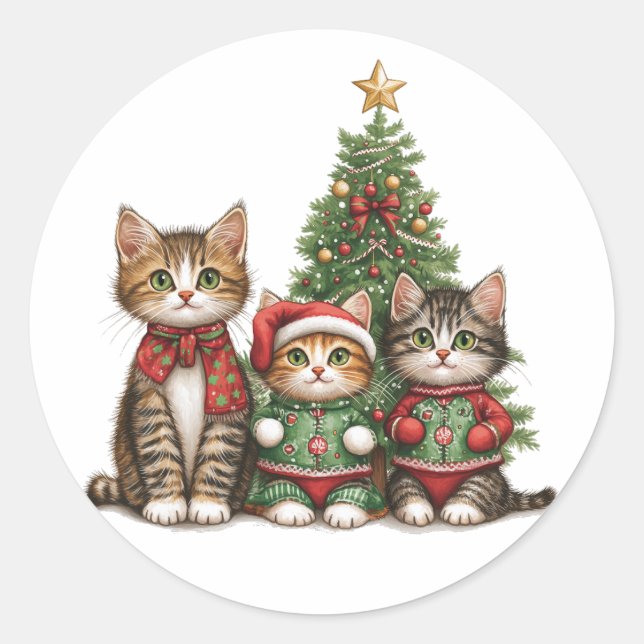 Cute Christmas Cats Classic Round Sticker (Front)