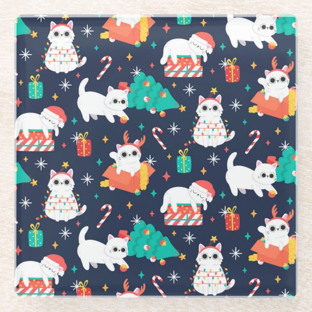 Cute Christmas Cats Glass Coaster (Front)