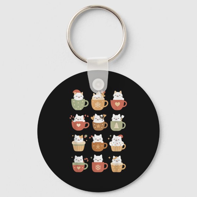 Cute Christmas Cats In Coffee C Kitten Santa Cat X Keychain (Front)