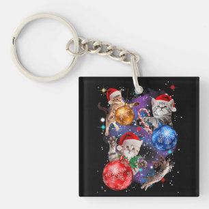 Cute Christmas Cats In Space Ornaments Keychain