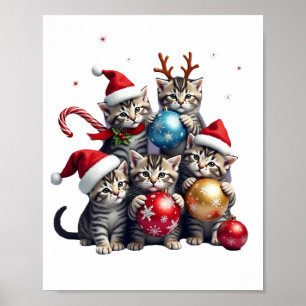 Cute Christmas Cats In Space Ornaments T-Shirt Poster