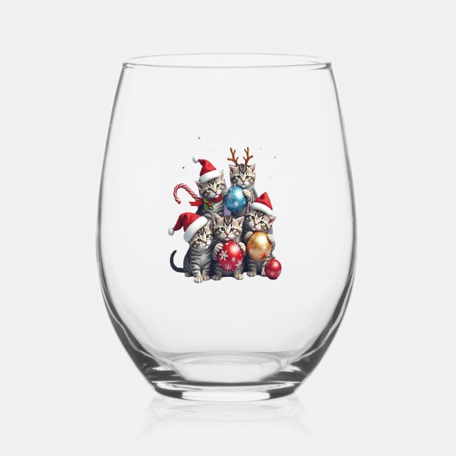 Cute Christmas Cats In Space Ornaments T-Shirt Stemless Wine Glass (Front)