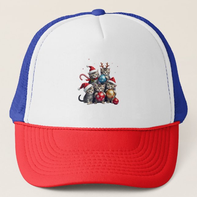 Cute Christmas Cats In Space Ornaments T-Shirt Trucker Hat (Front)