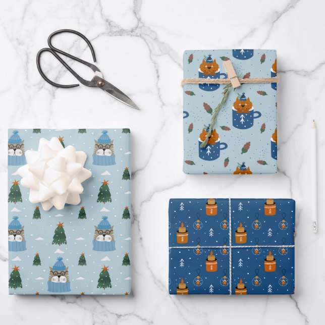 Cute Christmas Cats in Winter Knits Blue Wrapping Paper Sheet (Front)