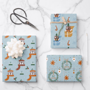 Cute Christmas Cats in Winter Knits Light Blue Wrapping Paper Sheet