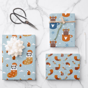 Cute Christmas Cats in Winter Knits Light Blue Wrapping Paper Sheet