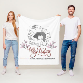Cute Christmas Cats “Meow” Holiday Design Fleece Blanket