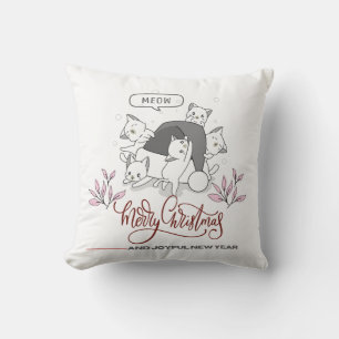 Cute Christmas Cats “Meow” Holiday Design Throw Pillow