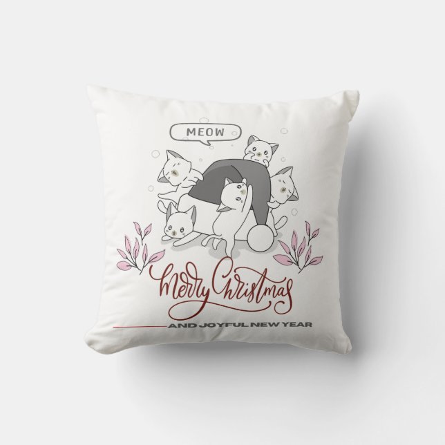 Cute Christmas Cats “Meow” Holiday Design Throw Pillow (Front)