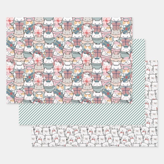 Cute Christmas Cats Pastel Wrapping Paper Sheet (Set)