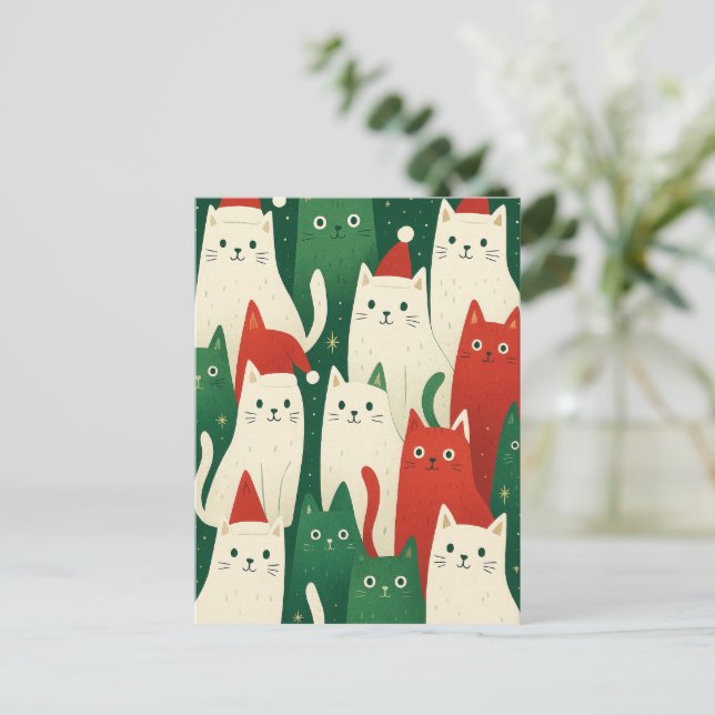 Cute Christmas Cats Pattern – Festive Holiday Cat  Postcard (Standing Front)