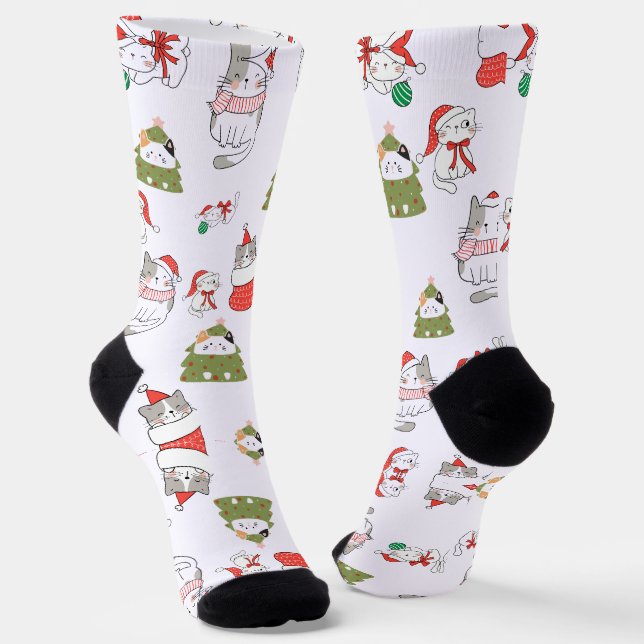Cute Christmas Cats Pattern – Festive Holiday Desi Socks (Angled)