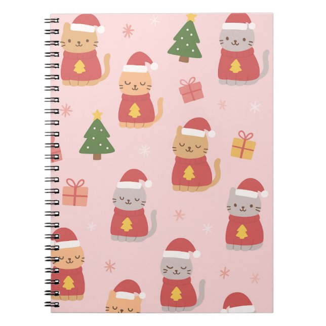 Cute Christmas Cats Pattern – Pink Holiday Design Notebook (Front)
