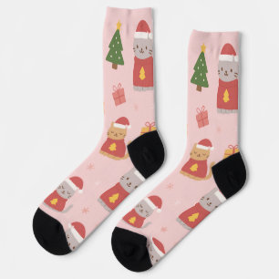 Cute Christmas Cats Pattern – Pink Holiday Design Socks