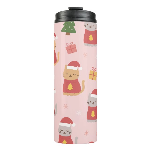 Cute Christmas Cats Pattern – Pink Holiday Design Thermal Tumbler (Front)