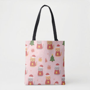 Cute Christmas Cats Pattern – Pink Holiday Design Tote Bag