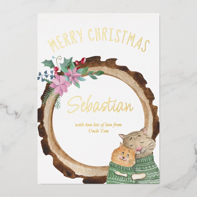 Cute Christmas Cats Rustic Wood Frame Gold Foil Holiday Card (Front)