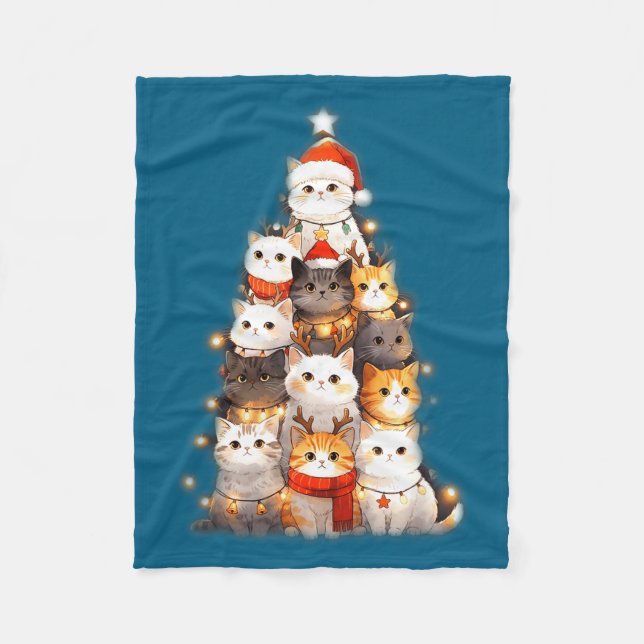 Cute Christmas Cats Tree Lights Holiday Kittens Il Fleece Blanket (Front)