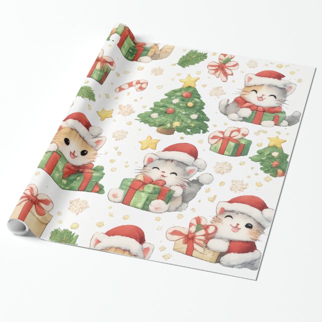 Cute Christmas Cats Wrapping Paper (Unrolled)