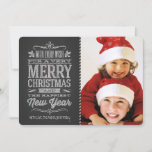 Cute Christmas Chalkboard Photo Template Card<br><div class="desc">Cute and cheer Christmas Holiday chalkboard photo template with retro handwritten style chalk lettering, fancy rustic scrolls and candycane stripe. Add your favourite holiday family photos and customize the text. Modern way to send happy winter holiday greetings to all your friends and loved ones. Matching postage, holiday party invitations, and...</div>