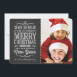 Cute Christmas Chalkboard Photo Template Card<br><div class="desc">Cute and cheer Christmas Holiday chalkboard photo template with retro handwritten style chalk lettering, fancy rustic scrolls and candycane stripe. Add your favourite holiday family photos and customize the text. Modern way to send happy winter holiday greetings to all your friends and loved ones. Matching postage, holiday party invitations, and...</div>