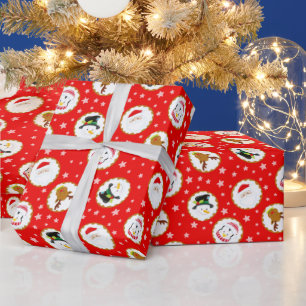 Cute Christmas Characters Pattern on Red Wrapping Paper