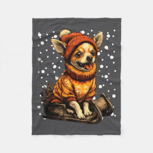 Cute Christmas Chihuahua Sledding In Snow Funny Wi Fleece Blanket