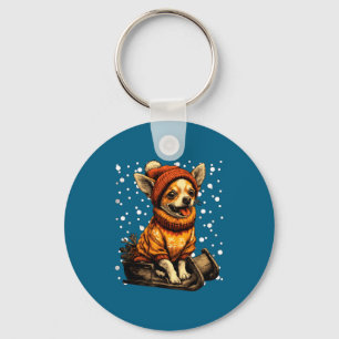 Cute Christmas Chihuahua Sledding In Snow Funny Wi Keychain