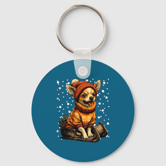 Cute Christmas Chihuahua Sledding In Snow Funny Wi Keychain (Front)
