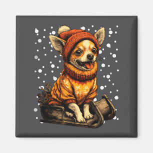 Cute Christmas Chihuahua Sledding In Snow Funny Wi Magnet
