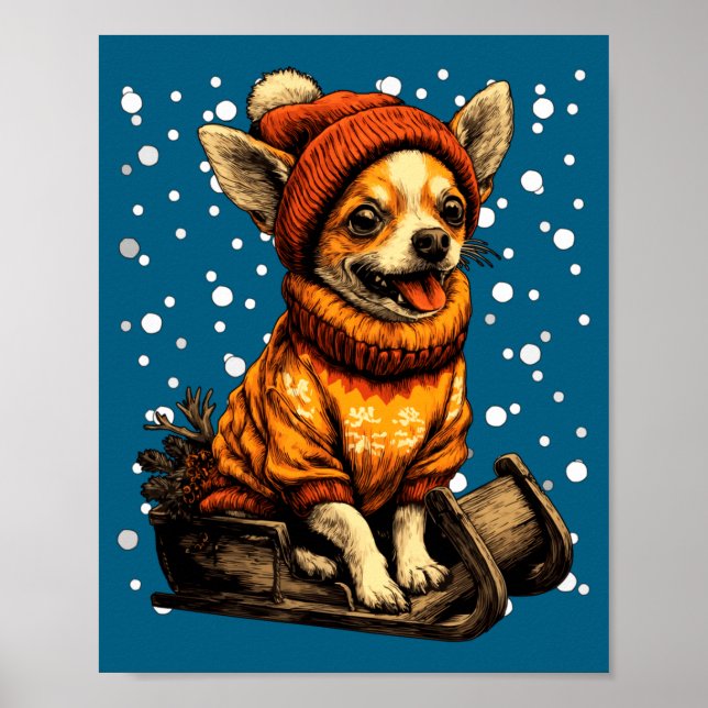 Cute Christmas Chihuahua Sledding In Snow Funny Wi Poster (Front)