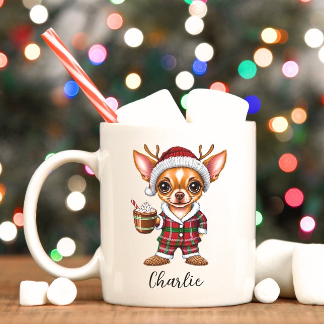 Cute Christmas Chihuahua with Reindeer Antlers Mug (Chihuahua personalized Christmas mug.)