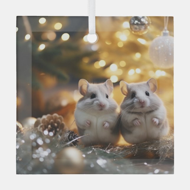 Cute Christmas Chinchillas Glass Ornament (Front)