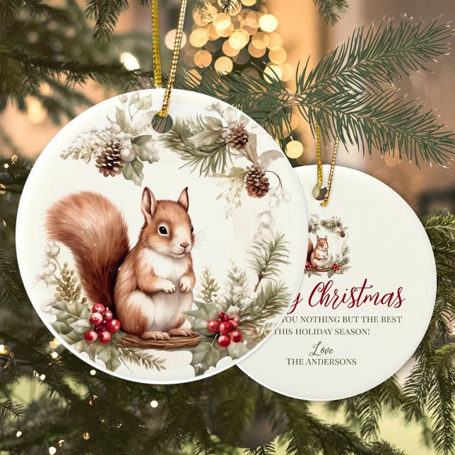 Cute Christmas chipmunk wreath woodland animal Ceramic Ornament (Cute chipmunk forest woodland  personalized Christmas ornament)
