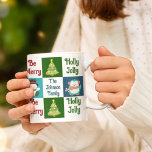 Cute Christmas Collage Santa Claus Personalized Coffee Mug<br><div class="desc">This cute custom children's Christmas mug features a beautiful collage of all of your favourite holiday staples. Jolly Santa Claus on red, a pretty Christmas tree on green, joyful snowman on blue, and adorable penguin wearing a scarf alongside your personalized text. Customize your own holiday gift with this festive and...</div>