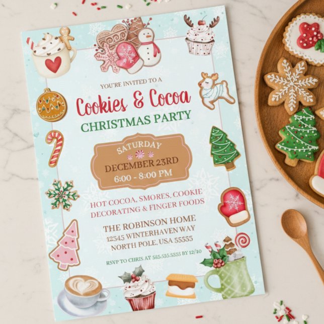 Cute Christmas Cookies and Cocoa Exchange Party Invitation (cute cookies and hot cocoa christmas party exchange invitations)