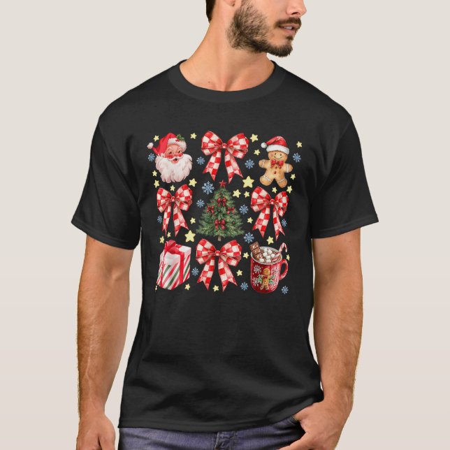 Cute Christmas Coquette Bow Santa Claus Hot Cocoa  T-Shirt (Front)