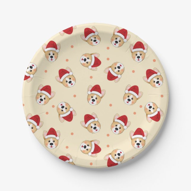 Cute Christmas Corgi Dog Pattern | Holidays Paper Plate (Front)