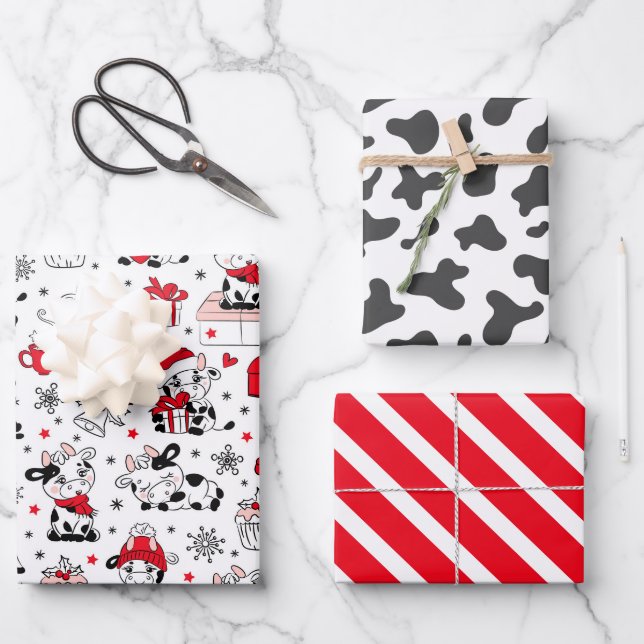 Cute Christmas Cow Bull Wrapping Paper Set of 3 (Front)