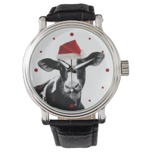 Cute Christmas Cow in Santa Hat Watch